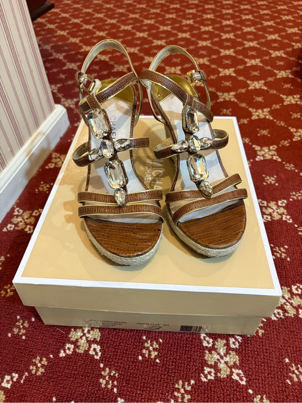 Michael Kors Brown Jeweled Wedge Sandals with Crystal T-Strap